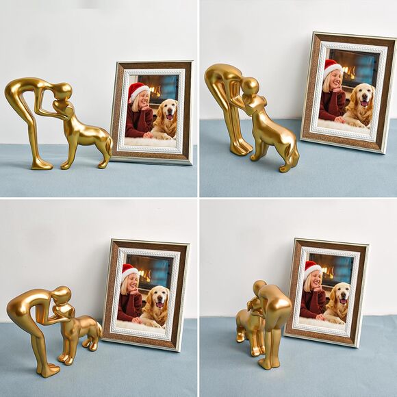 Man and Dog Statue Gold Pet Sculpture Home Décor Gift for Dog Lovers Shelf - Picture 5 of 8